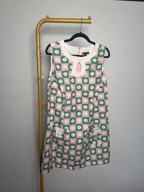 NWT Smak Parlour Green&Pink Daisy Checkerboard Mod Shift Dress